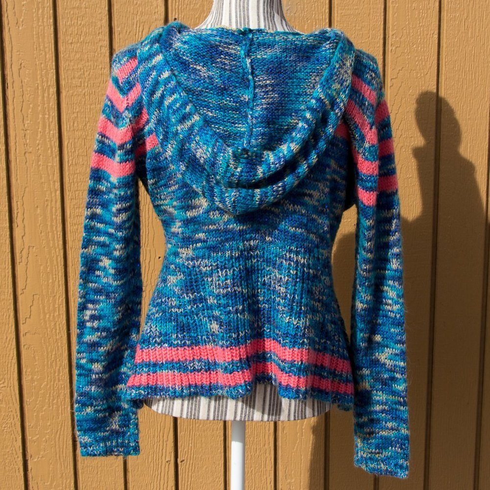 Miss Morena Hooded Cardigan Sweater Large Blue & Coral - Picture 3 of 8